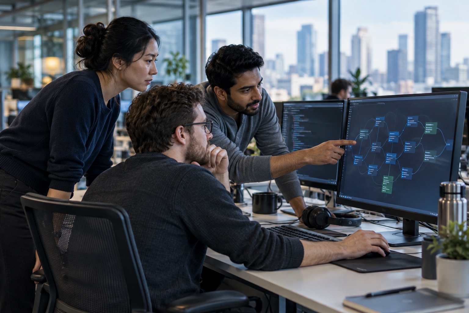 Engineers reviewing a workflow graph at a workstation