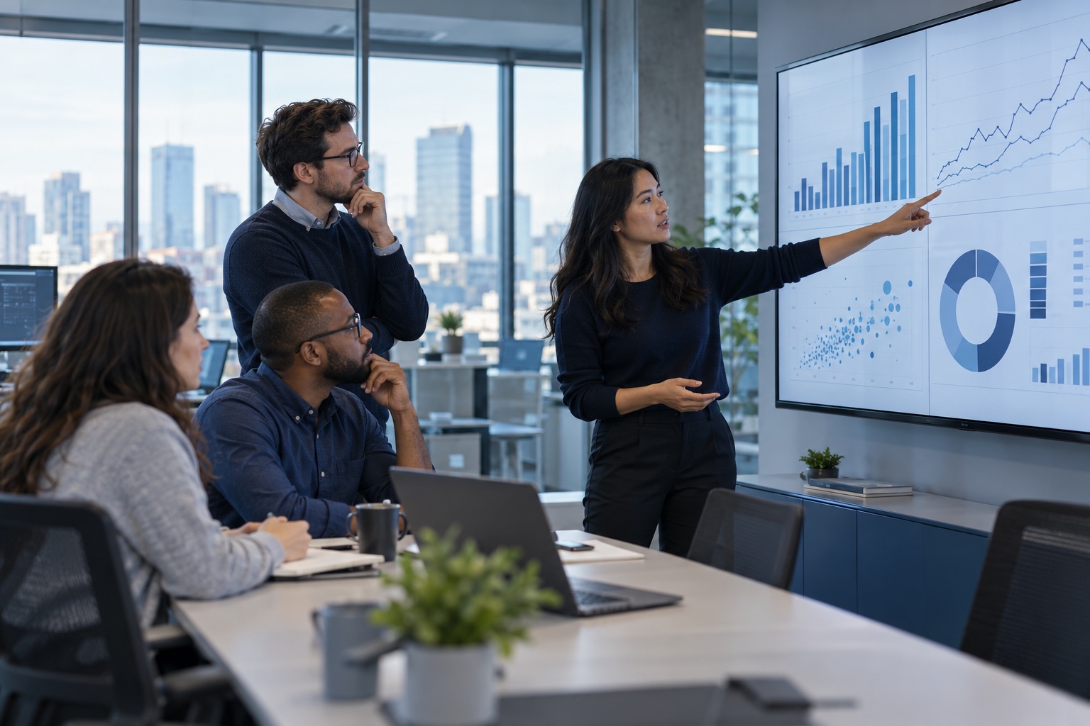 Data scientists collaboratively reviewing analytical charts