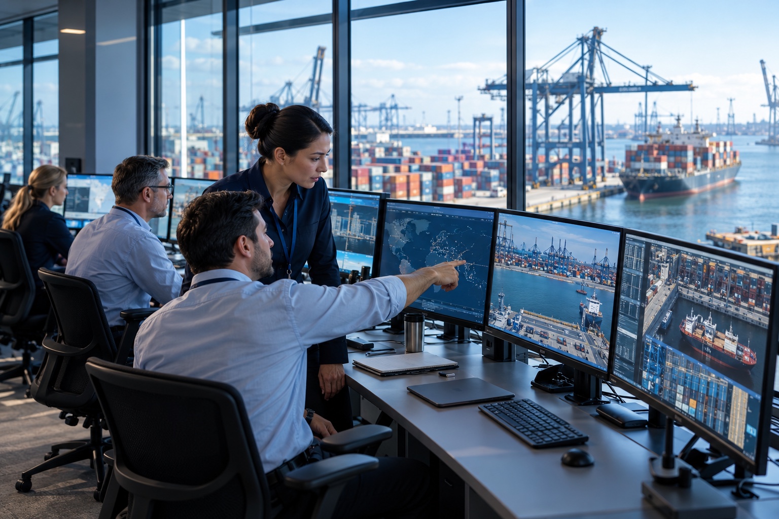 Trade analysts working in a port operations control room